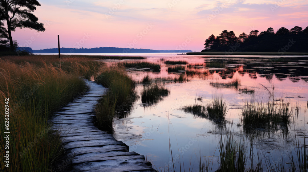 Obraz premium A serene scene of a coastal marshland at twilight, the calm water reflecting the beautiful pastel colors of the sky.