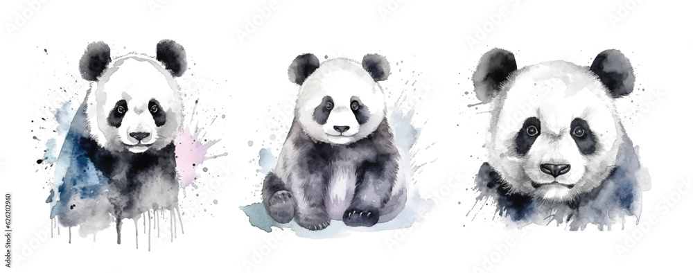 Fototapeta premium Panda watercolor paint collection
