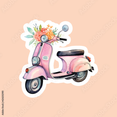 Vintage Retro motor with flowers watercolor sticker