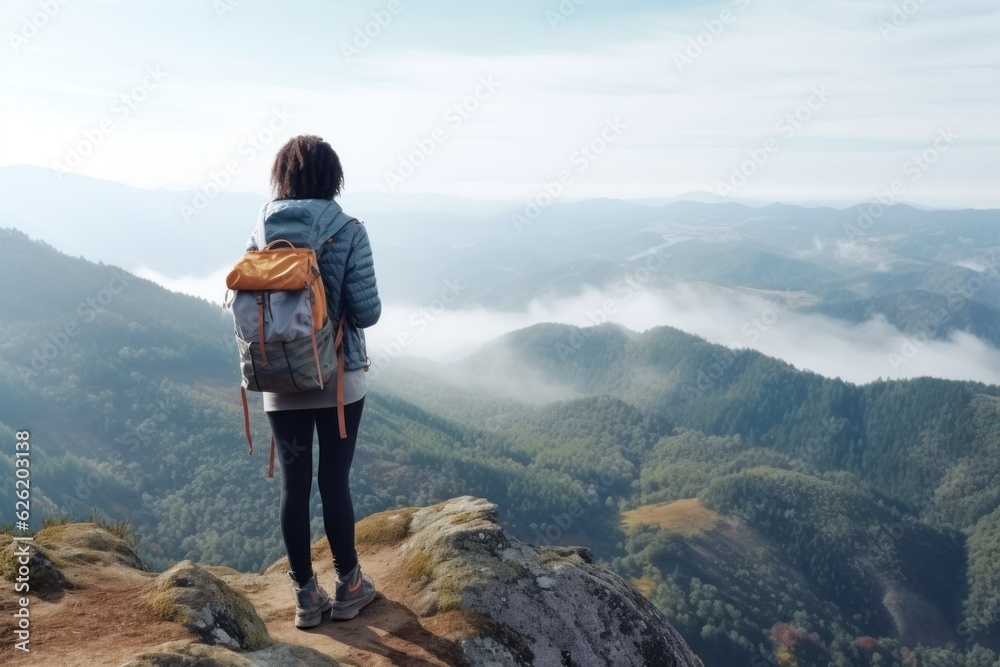 Female traveller with a backpack on top of a mountain with dramatic cloudscape during sunrise. Travel, active lifestyle and winning reaching life goal