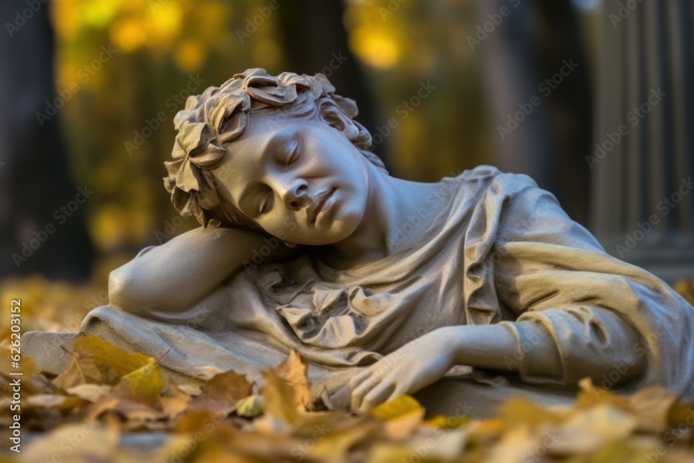 Ancient statue autumn leaves. Generate Ai