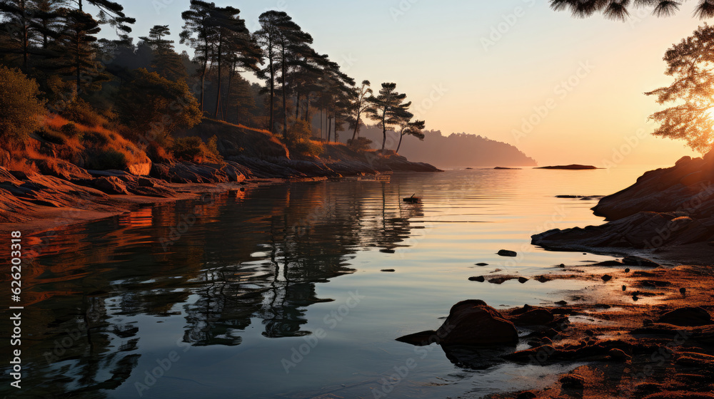 A scenic coastal view of a tranquil bay, the calm water mirroring the soft hues of a sunrise.