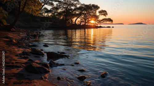 A scenic coastal view of a tranquil bay, the calm water mirroring the soft hues of a sunrise.