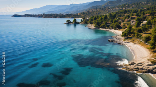 An aerial view of a coastal highway hugging the shoreline, the road winding alongside a beautiful turquoise sea.