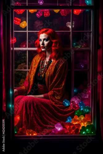 Fashion model woman, bright red hair sitting in a bedroom full of gummy bears at night.