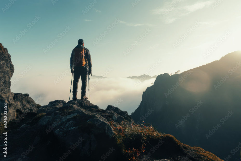 Hiker with a backpack on top of a mountain with dramatic cloudscape during sunrise. Travel, active lifestyle and winning reaching life goal
