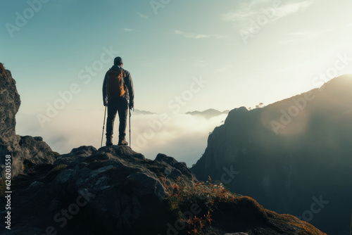 Hiker with a backpack on top of a mountain with dramatic cloudscape during sunrise. Travel, active lifestyle and winning reaching life goal © Prathankarnpap
