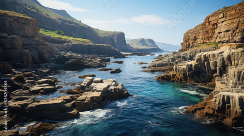 A spectacular scene of a coastal cliff, the rugged edge contrasting with the calm, azure sea.