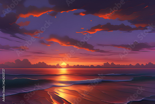 ocean sunset natural landscape background Sky shining sun over sea with island rising from water surface evening cartoon vector illustration Generative ai © Sorawit