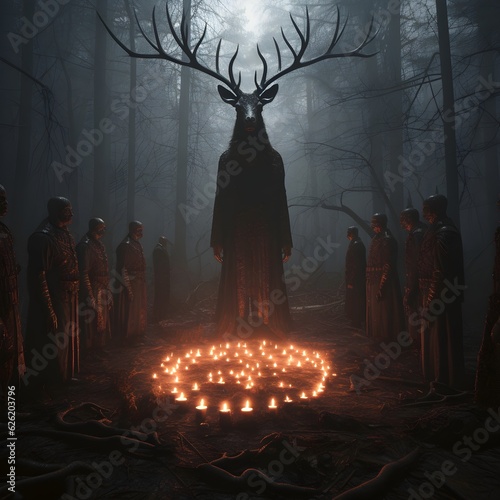 devil worship cult with candles in the forest photo