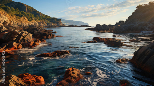 A breathtaking coastal view with a rocky arch, the setting sun casting long shadows on the calm sea. © GraphicsRF