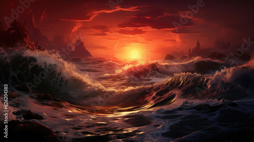 A seething ocean under a blood-red sky, foreboding a tropical storm. © GraphicsRF