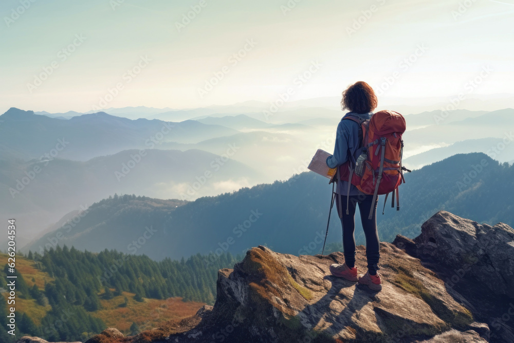 Female traveller with a backpack on top of a mountain with dramatic cloudscape during sunrise. Travel, active lifestyle and winning reaching life goal