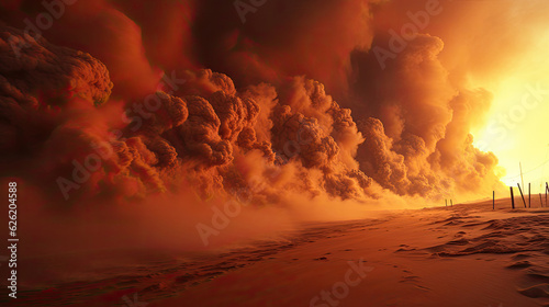 A harsh desert coastline under the blazing sun, the wind whipping up a sandstorm.