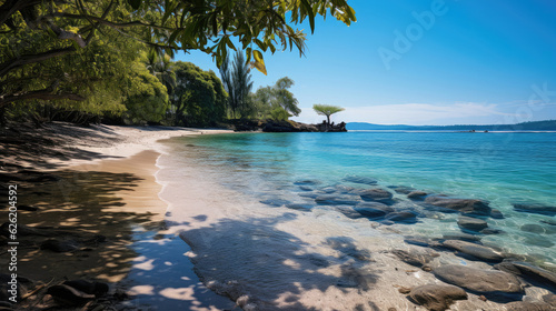 A secluded beach, its white sand contrasting with the vibrant green of the tropical foliage and the blue of the calm sea.