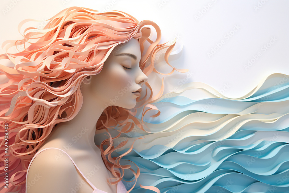 Paper art of woman in a calm state. Illustrate mental wellness concept. Copy space