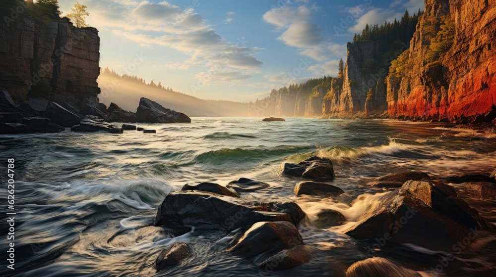 A striking coastal view with dramatic cliffs plunging into the sea, the sunset casting a golden glow on the water. A striking coastal view with dramatic cliffs plunging into the sea, the sunset casting a golden glow on the water.