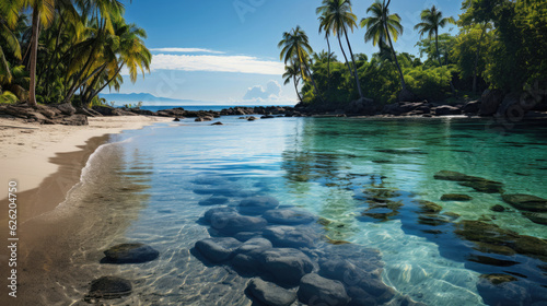 An untouched tropical beach at sunset  palm trees casting long shadows over the calm  mirrored water.