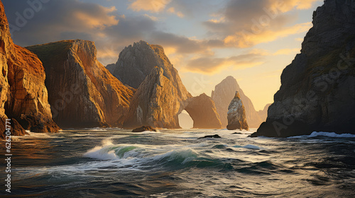 A striking coastal view with dramatic cliffs plunging into the sea  the sunset casting a golden glow on the water.