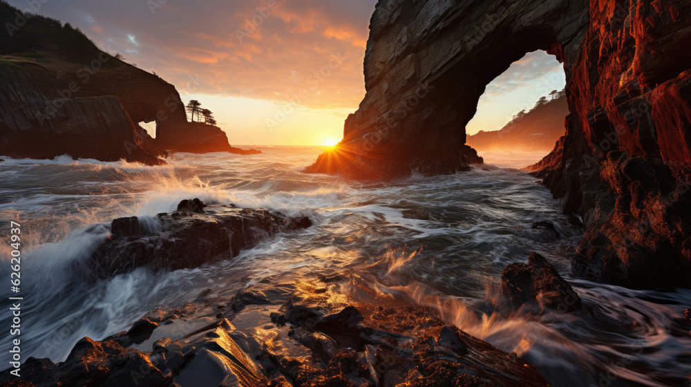 A captivating coastal landscape featuring a sea arch, the sun setting behind it and casting a beautiful light on the sea.