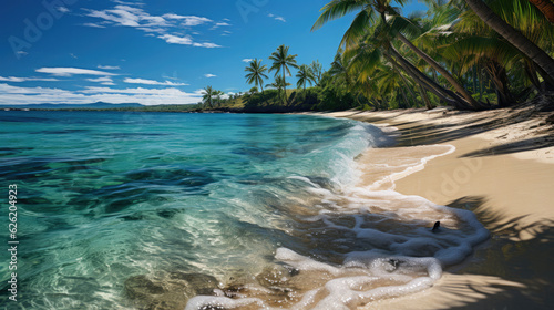 A golden sandy beach, fringed by a row of vibrant palm trees and a tranquil turquoise sea.