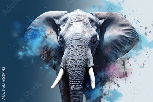 Watercolor elephant blue wall. Generate Ai
