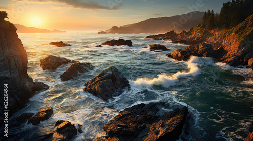 A captivating coastal landscape featuring a sea arch  the sun setting behind it and casting a beautiful light on the sea.