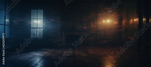 Horror classic room building on dark melancholic night background. Generative AI technology. 