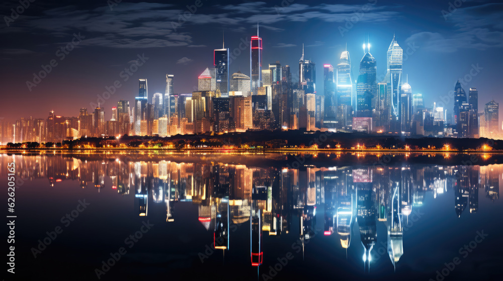 A spectacular sight of a coastal city skyline at night, the colorful lights shimmering on the water surface.