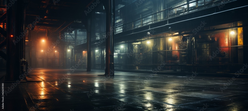 Warehouse factory building on melancholic dark night background. Generative AI technology.