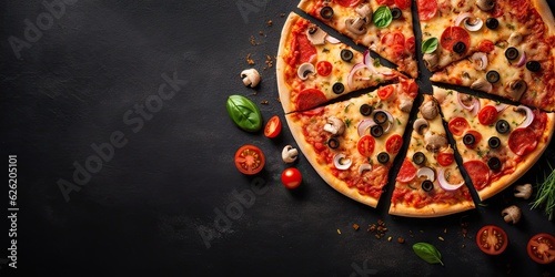 Delicious homemade pizza on black wooden table. Italian food with cheese and tomato top view background with copy space