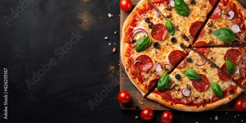 Delicious homemade pizza on black wooden table. Italian food with cheese and tomato top view background with copy space