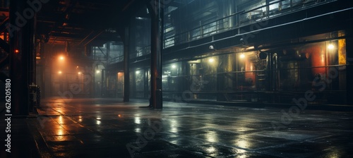 Warehouse factory building on melancholic dark night background. Generative AI technology.