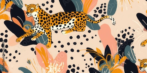 Hand drawn dots abstract artistic print with leopards. Creative collage contemporary seamless pattern. Fashionable template for design, Generative AI