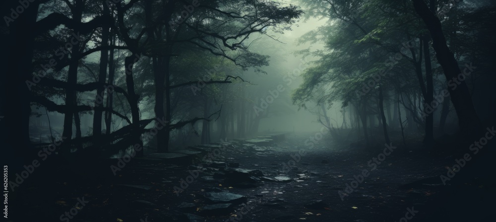 Haunted forest horror melancholic dark night background. Generative AI technology.
