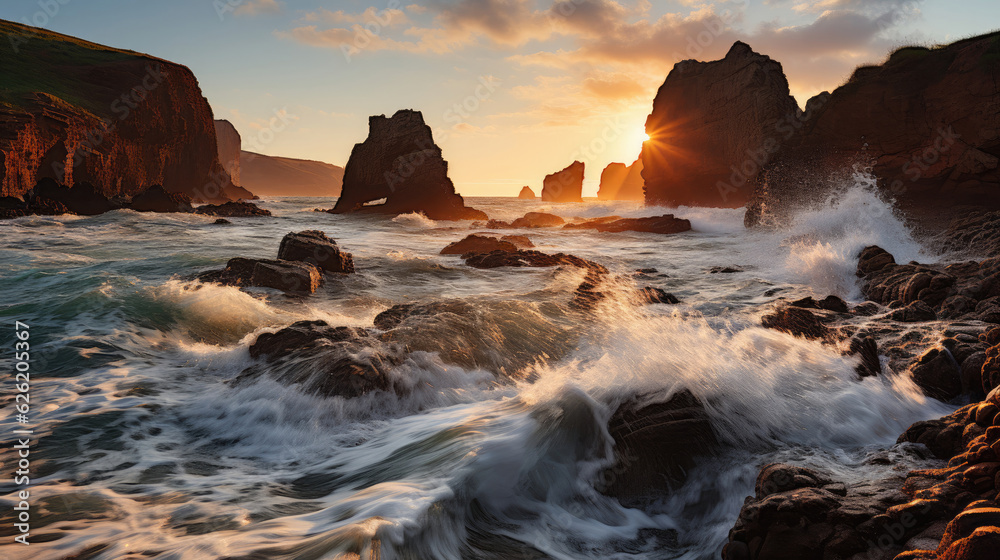 A captivating coastal view with a sea arch, the sun setting behind it and casting a beautiful light on the water.
