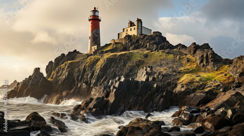 Photo A lonely lighthouse perched atop a craggy cliff, standing defiant against the battering of a North Sea gale