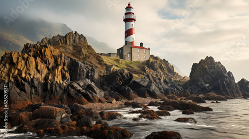 Fotografie, Obraz A lonely lighthouse perched atop a craggy cliff, standing defiant against the battering of a North Sea gale