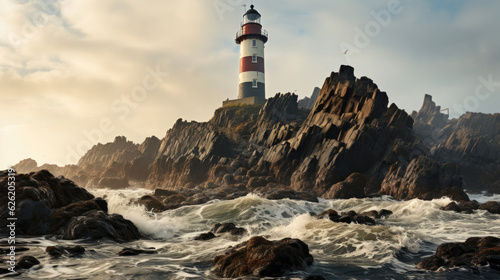 Fotografia A lonely lighthouse perched atop a craggy cliff, standing defiant against the battering of a North Sea gale