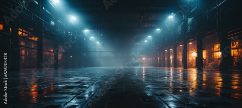 Warehouse logistic building on melancholic dark night background. Generative AI technology. © Hero Design