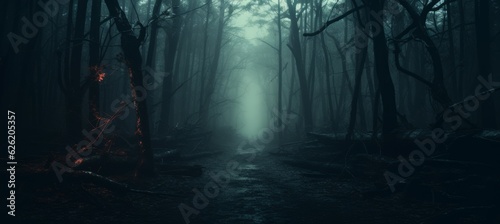 Misty forest path horror melancholic dark night background. Generative AI technology.