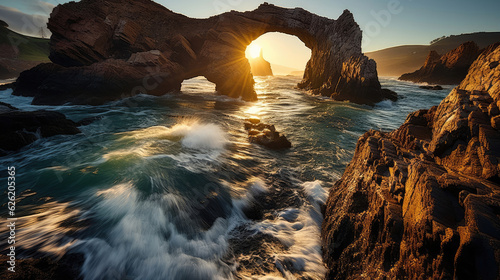 A captivating coastal view with a sea arch, the sun setting behind it and casting a beautiful light on the water.