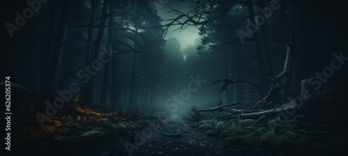 Misty forest horror melancholic dark night background. Generative AI technology.