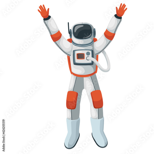 Astronaut in spacesuit for flight in outer space vector illustration. Cartoon isolated spaceman character flying with hands up, astronaut floating in weightlessness and training, dancing cosmic dance