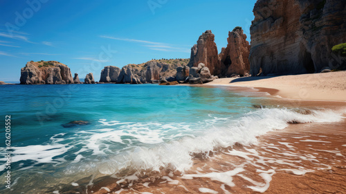 A picturesque scene of a sandy beach nestled between towering cliffs, the azure water lapping gently at the shore.