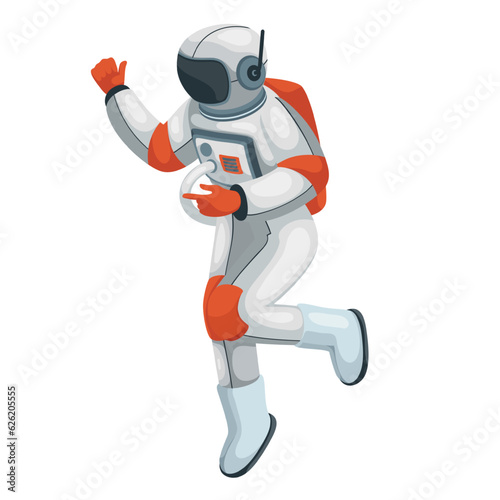 Astronaut in outer space vector illustration. Cartoon isolated spaceman in helmet, jetpack and futuristic spacesuit flying in zero gravity, cosmic weightless flight of astronaut character in universe