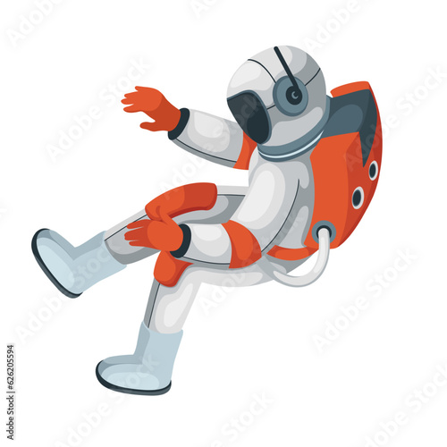 Astronaut floating in zero gravity vector illustration. Cartoon isolated spaceman character in spacesuit and helmet flying, free flight pose in weightlessness and cosmic mission of astronaut