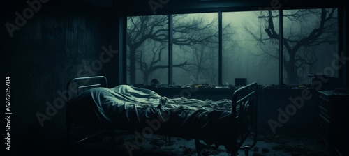 Horror haunted hospital room on dark melancholic night background. Generative AI technology.	 photo