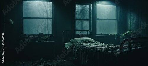 Haunted hospital room on dark melancholic night background. Generative AI technology.	
 photo