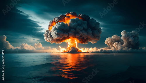 atom bomb, nuclear, very big explosion in the middle of the ocean
